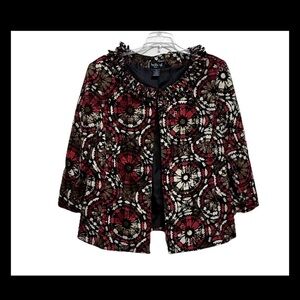 Ivy Chic Women's Jacket 1X Floral Print Black Red Ribboned Collar Shoulder Pads